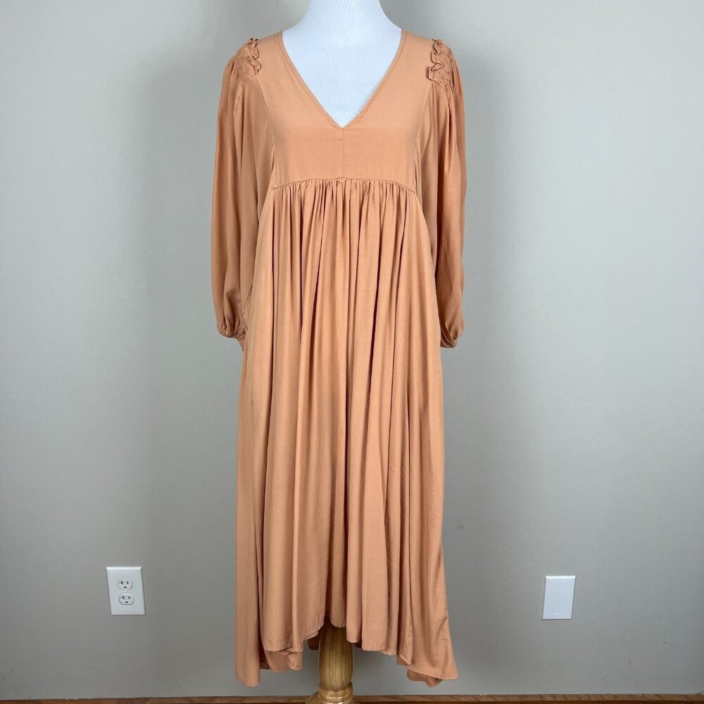 Mustard Seed Midi Dress Womens Small Peach Babydoll Pleated V-Neck High Low 3/4